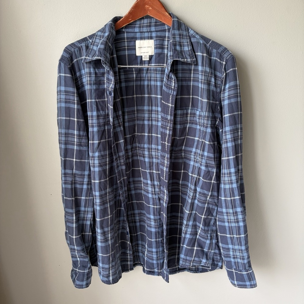 American Eagle Shirt Mens Large Blue Plaid Button Up Collar Long‎ Sleeve Soft